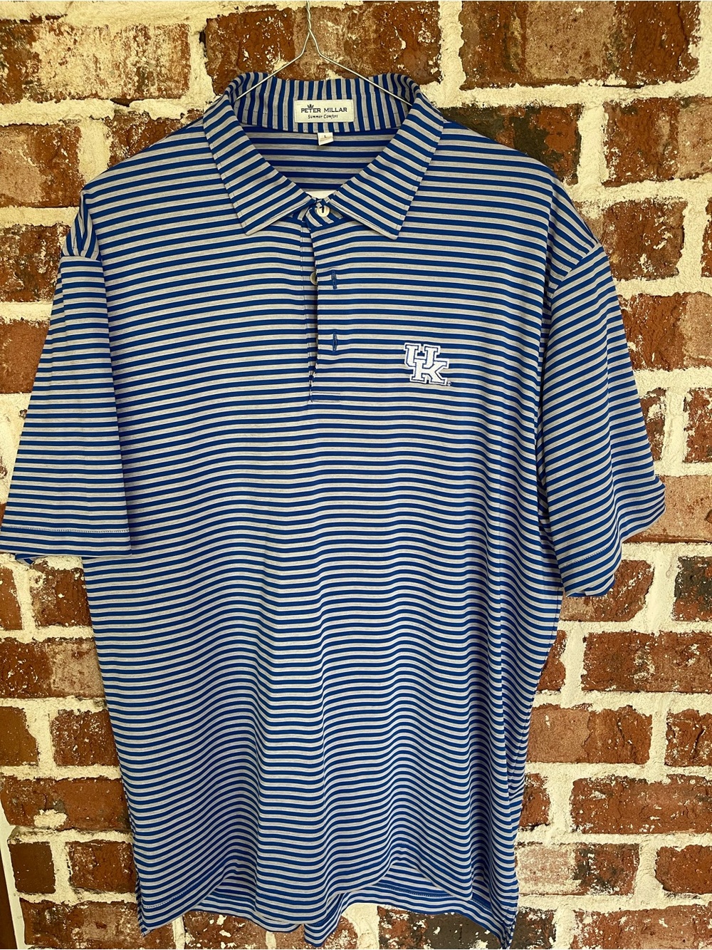 University of Kentucky Peter Millar Blue/White Striped Polo with UK Embroidery